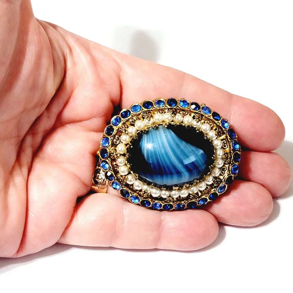 Stunning Blue Slag Glass Brooch Pin Rhinestones 2